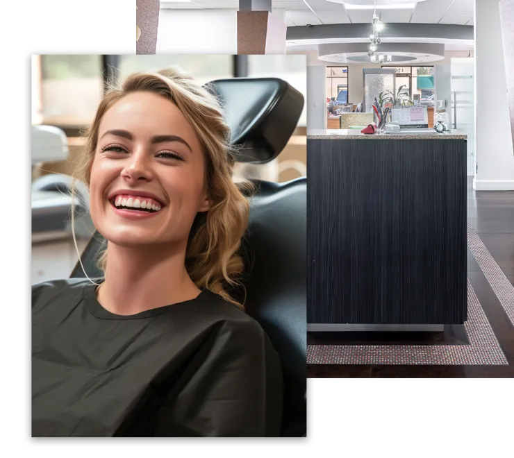 A smiling young woman in a dental exam chair and the lobby of Granada Hills Dental Group